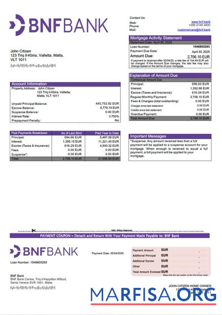 Downloadable Malta BNF Bank mortgage statement Word and PDF template